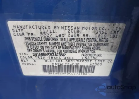 2012 Nissan Sentra 2.0 Sr из США, поврежденный, VIN 3N1AB6AP3CL673582